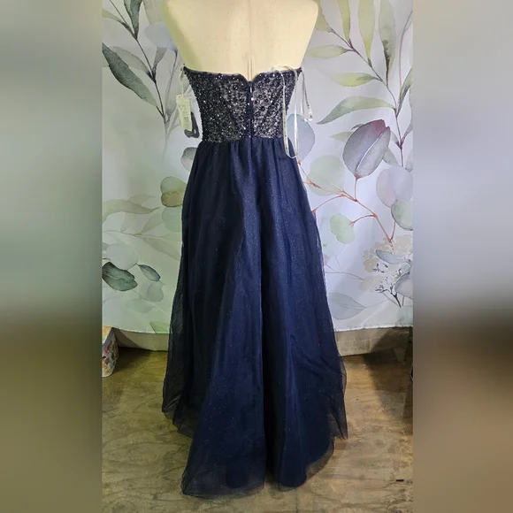 JULES & CLEO | Floral Encrusted Bodice Strapless Ball Gown in Navy sz 4 - Picture 3 of 15
